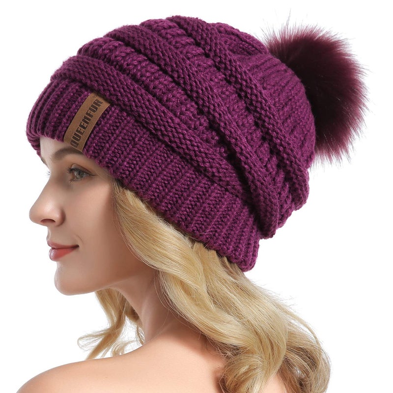 QUEENFUR Women Knit Slouchy Beanie Chunky Baggy Hat with Faux Fur Pompom Winter Soft Warm Ski Cap - Image 1